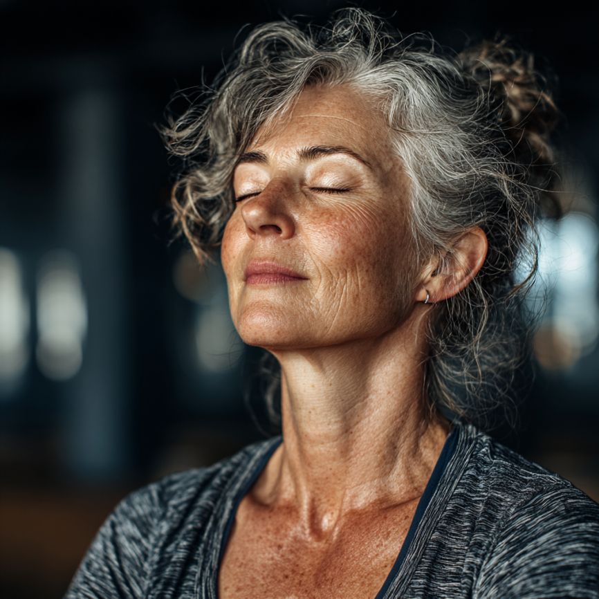 Група людей середнього віку займається йогою на природі