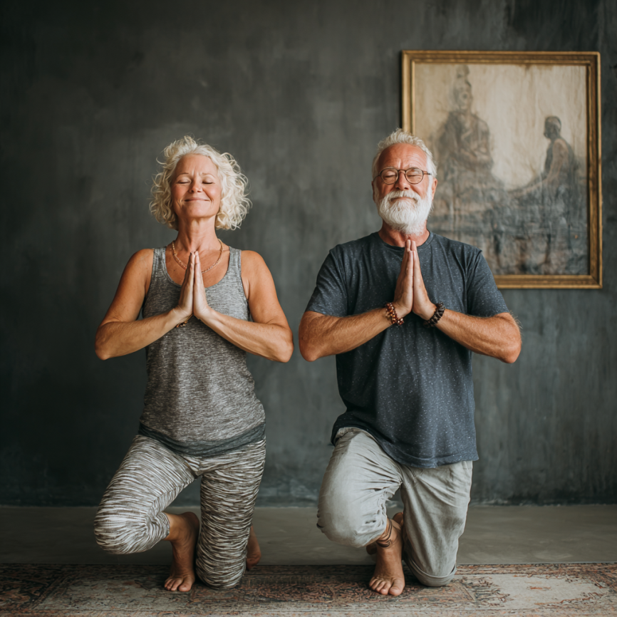 Жінка середнього віку медитує в спокійній позі йоги